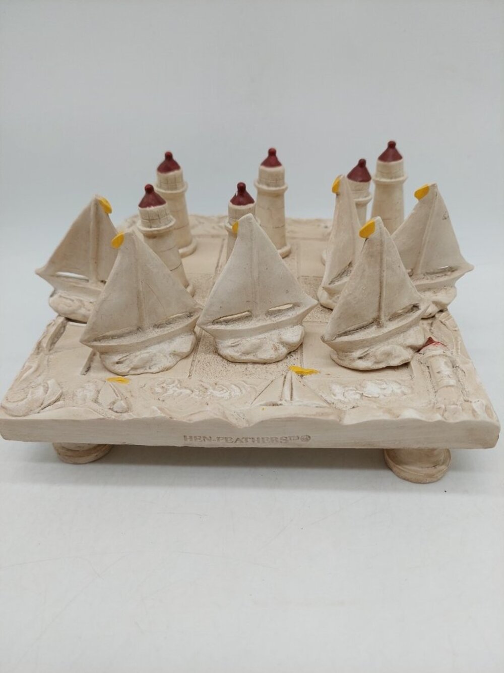 Hen Feathers Tic Tac Toe Pieces Sailboats Lighthouse Nautical Resin
